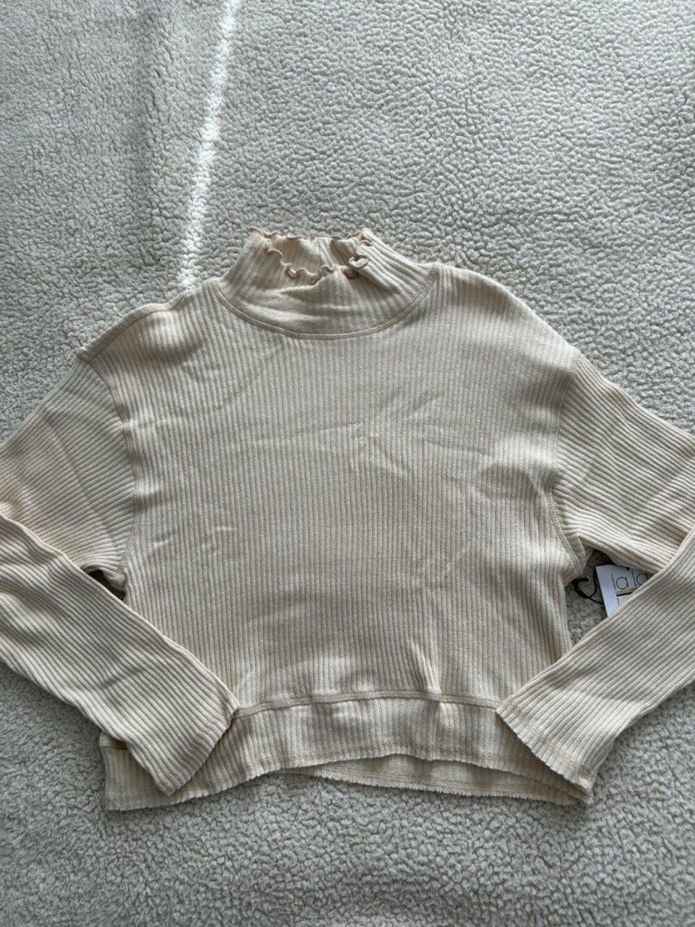 LaLa Land Crop Mock-neck Long Sleeve Lettuce Edge Rib Top Ivory Size S